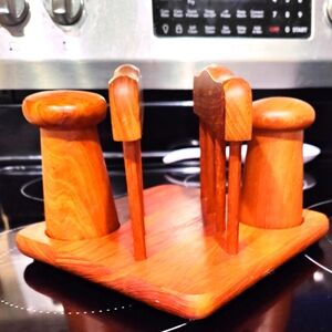 1970s Vintage  Teakwood Napkin, Salt and Pepper Holder